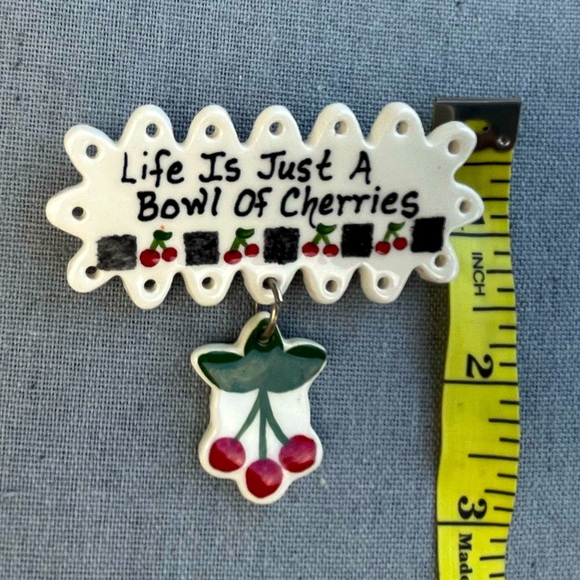 Vintage Artisan Clay Cherry Brooch with Saying Handmade Cottagecore - Picture 2 of 5